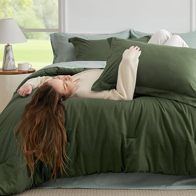 Bedsure Twin Comforter Set - 5 Pieces Olive Green Twin Bedding Set for All Seasons, Boho Contrasting Design Bed in a Bag with Comforter, Sheets, Pillowcase & Sham