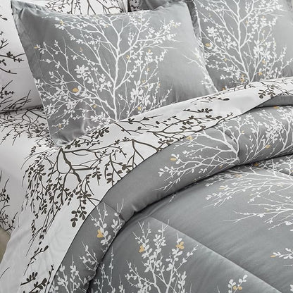 UOZZI BEDDING Bed in a Bag 6 Pieces Twin Size Gray Branches Soft Microfiber Reversible Bed Comforter Set (1 Comforter 2 Pillow Shams 1 Flat Sheet 1 Fitted Sheet 1 Pillowcases)