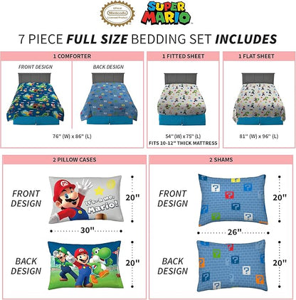 Super Mario Bros Kids Bedding Super Soft Cozy Comforter and Sheet Set with Sham, 7 Piece Full Size Nintendo Gamer Bed Set, (100% Officially Licensed Product) by Franco