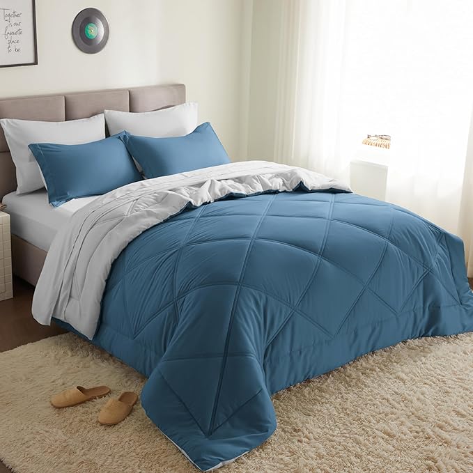 JOIEDOMI California King Comforter Set with Sheets Blue, 7 Pieces Bedding Set with 1 Down Alternative Comforter, 1 Flat Sheet, 1 Fitted Sheet, 2 Pillowcases and 2 Pillow Shams Bed in a Bag All Seasons