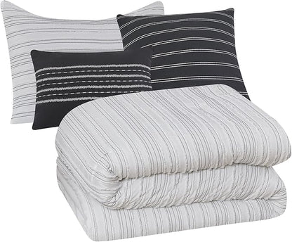 Modern Threads Dixie White Jacquard Comforter Set – 5 Piece Textured Bedding with Decorative Pillows & Shams, Soft All Season Farmhouse Bed Set, Bright White with Graphite Stripes, King