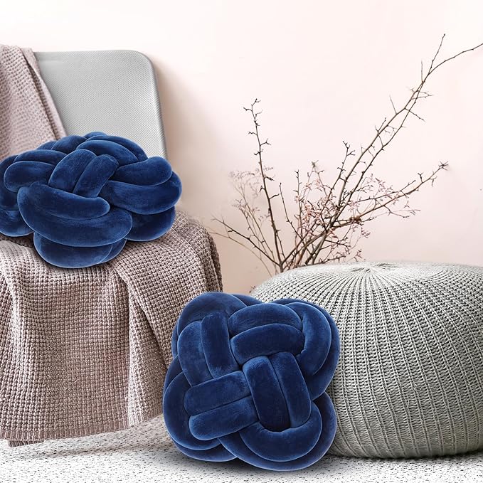 2 Pcs Knot Pillow Balls Set, 12 Inch Soft Decorative Throw Knot Pillow Ball, Large Square Knotted Floor Cushion for Living Room Bedroom Sofa Couch Bed Home Decoration (Navy Blue)