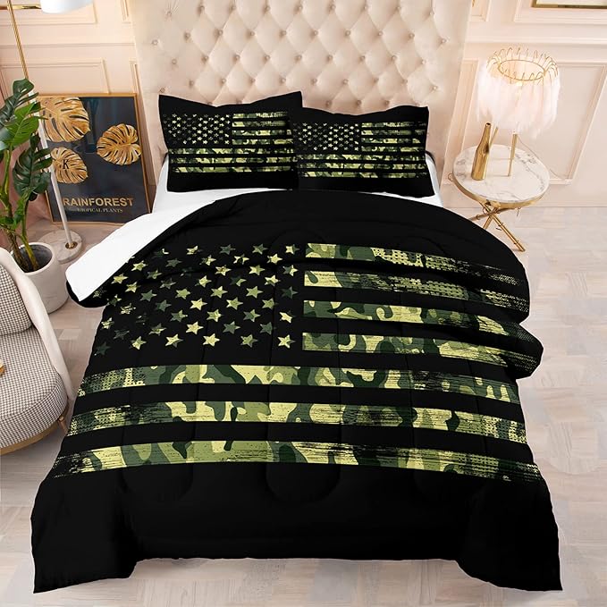 NINENINE American Flag Comforter Bedding Set Full for Boys Teens,3D Camouflage American Flag Pattern Bedding Set,Black Comforter Set,Soft Microfiber Quilt with Matching Pillowcases#5032…