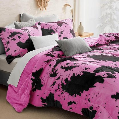 Petrichor Velvet Flannel Twin Comforter Set-Cow Print Western Style Blanket,Luxury Fuzzy Heavy Bedding Set, 2 Pieces Plush Winter Bed Set with Comforter (68"x88") & 1 Pillow Shams (20"x26")