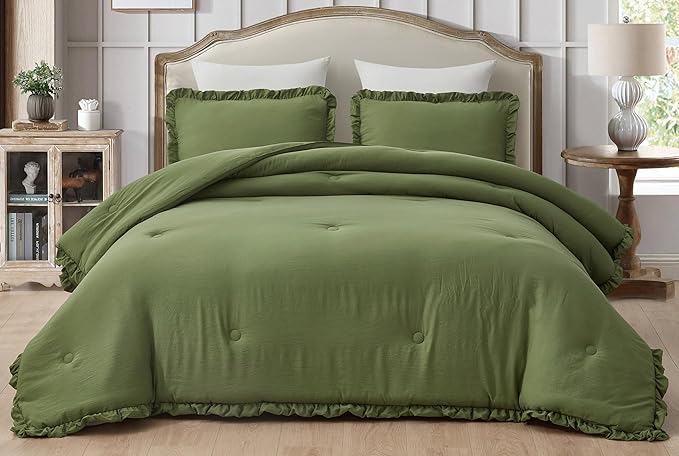 Chezmoi Collection Nora Olive Green Comforter Set Full Size 3-Piece Fluffy Soft Stone-Washed Ruffled Shabby Chic Bedding for All Season