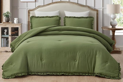 Chezmoi Collection Nora Olive Green Comforter Set Full Size 3-Piece Fluffy Soft Stone-Washed Ruffled Shabby Chic Bedding for All Season