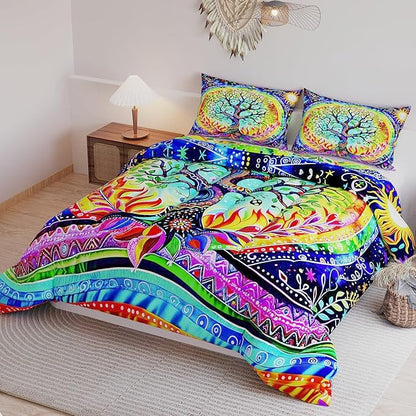 Tree of Life Comforter Sets for Kids Adults,3D Bohemian Pattern with Bright Colors,Decorative Bedding Comforter Sets with 2 Pillow Shams, Queen Size