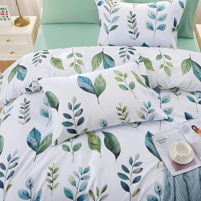 MUXHOMO Grey Green Foliage Full Comforter Set, Elegant Floral Print Bed in a Bag 7 Pieces, Soft & Breathable Reversible Botanical Pattern Bedding Set with Comforter, Sheets, Pillowcases, and Shams