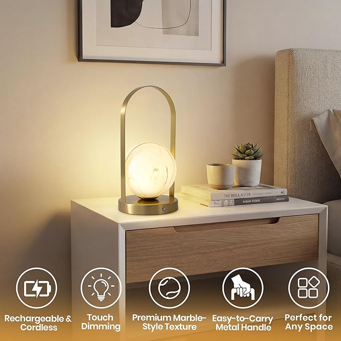 Portable Rechargeable Table Lamp with Marble Pattern Glass Shade – Gold Plated Metal Frame, Cordless LED Desk Light for Bedroom, Nursery, Camping