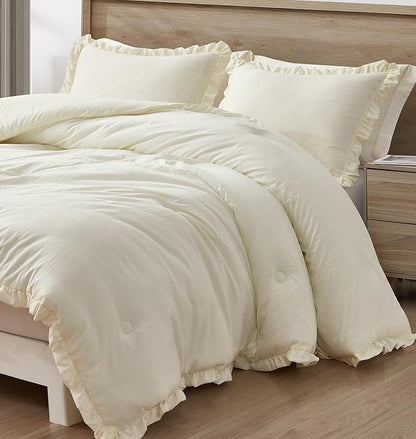Chezmoi Collection Nora Ivory Comforter Set Oversized Queen 3-Piece Lightweight Soft Stone-Washed Ruffled Shabby Chic Bedding for All Season