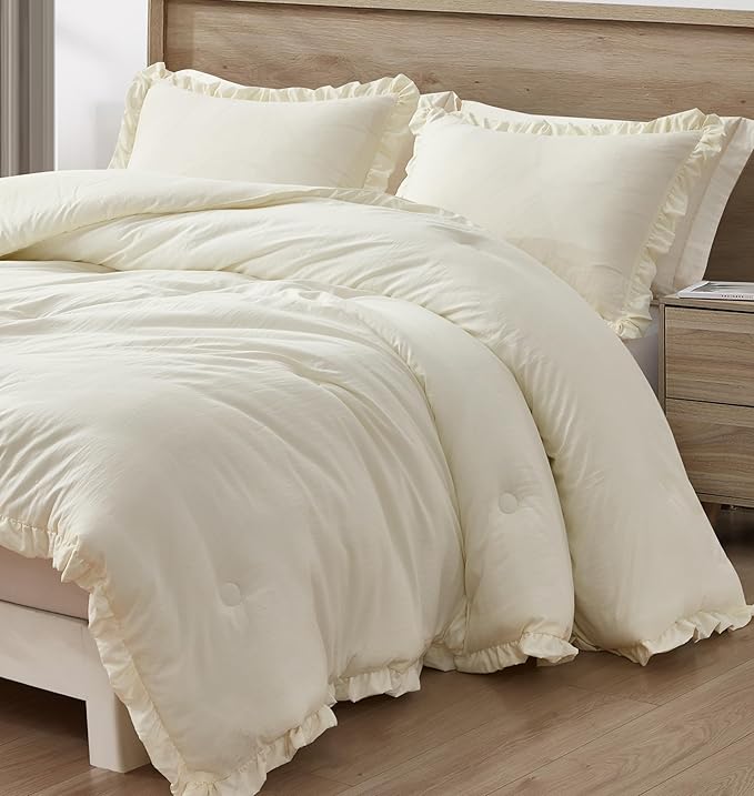 Chezmoi Collection Nora Ivory Comforter Set King Size 3-Piece Fluffy Soft Stone-Washed Ruffled Shabby Chic Bedding for All Season