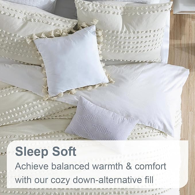 Swift Home Marilla 100% Cotton Prewashed Yarn-Dyed Dobby Clip Dot 5-Piece Bedding Comforter Set, All Season & Breathable, Oeko-TEX Certified – Ivory, Full/Queen