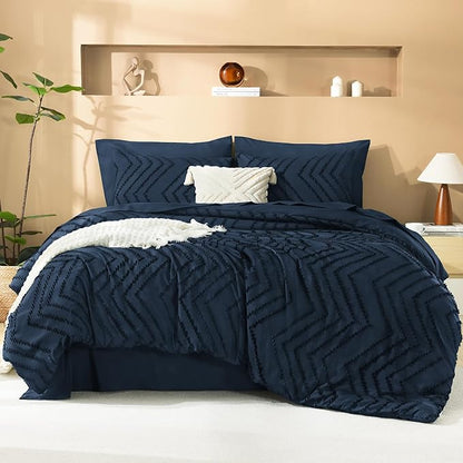 Litanika Navy Blue King Size Comforter Set with Sheets - 7 Pieces Bed in a Bag Queen Boho Tufted Complete Bedding Sets with Comforter, Sheets, Pillowcases & Shams