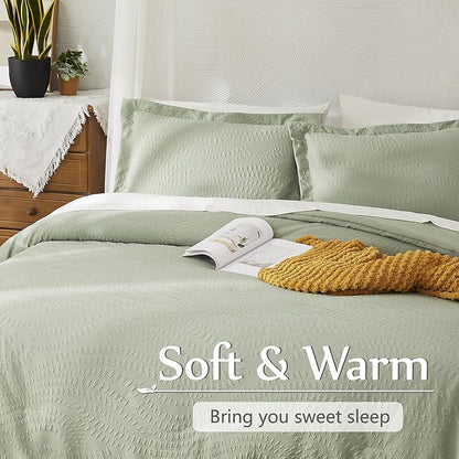Geniospin King Comforter Set - 7 Pieces Textured Sage Green Bedding Sets, Shabby Chic Comforter Set, All Season Comfortable Bed in a Bag with Comforter, Sheets, Pillowcases & Shams
