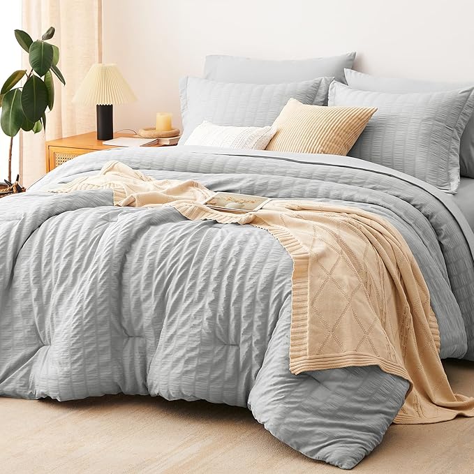 CozyLux Oversized Queen Comforter Set Light Grey Seersucker 7 Pieces Bed in a Bag Queen Comforter Set with Sheets, Luxury Soft Bedding Set with Down Alternative Comforter, Sheets, Pillowcases & Shams