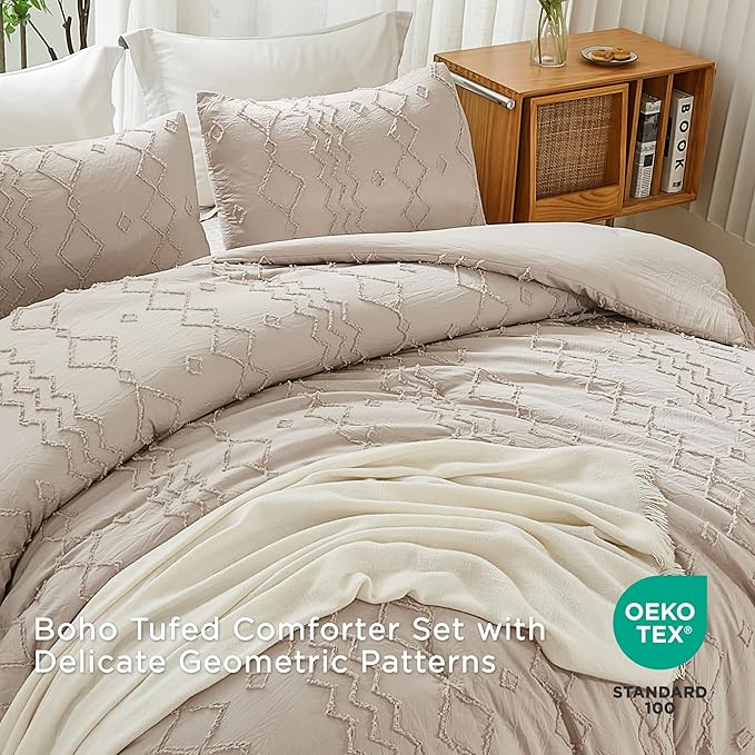 Andency Khaki Tufted Comforter Set Full(79x90Inch), 3 Pieces(1 Tufts Comforter, 2 Pillowcases) Boho Textured Farmhouse Bed, Microfiber Down Alternative Geometric Tan Bedding Set