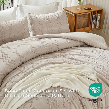 Andency Khaki Tufted Comforter Set Full(79x90Inch), 3 Pieces(1 Tufts Comforter, 2 Pillowcases) Boho Textured Farmhouse Bed, Microfiber Down Alternative Geometric Tan Bedding Set