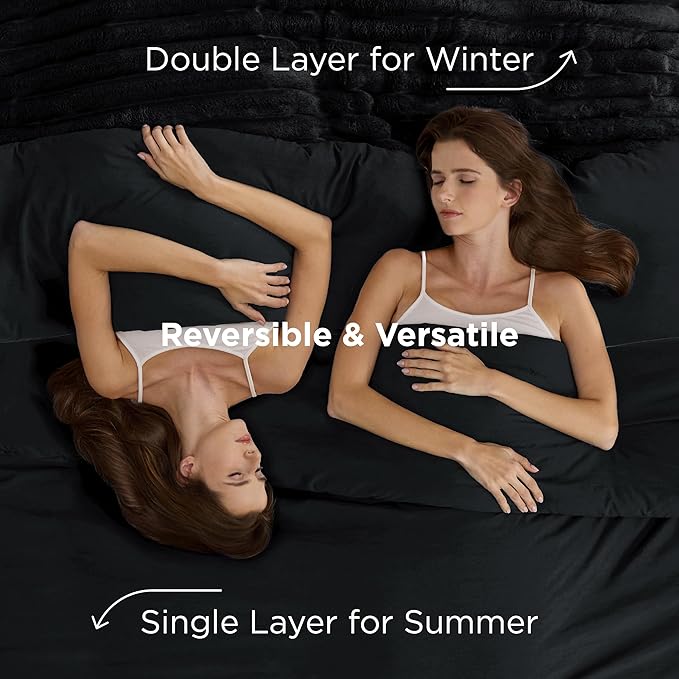 Bedsure Gentlesoft™ 2-in-1 King Size Comforter Set and Detachable Fluffy Blanket, Black Bedding Set for All Season Use, SnapTech™ Design for Space Saving (Includes 2 Pillow Shams, 2 Pillowcases)