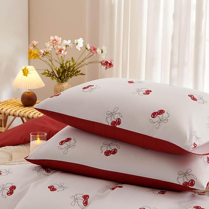 White Comforter Set Full Size - Red Cherry Quilt Bedding Set 3 Pieces, Comforter Set Full, Soft & Lightweight Comforter(79‘’ x 90‘’) for Girl All Season & 2 Pillowcases(30‘’x20‘’)
