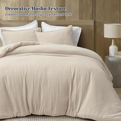 PHF Cotton Muslin Comforter Set Queen – 100% Cotton Cover, Ultra Soft & Breathable, 3PCS Lightweight All-Season Bedding with Polyester Fill, 1 Comforter 90"x90" & 2 Pillow Shams 20"x26", Natural