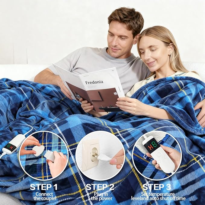Electric Blanket Heated Throw, Soft Flannel 50"x60" Plaid Heating Blanket with 8 Hours Auto Off 10 Fast Heating Levels Machine Washable Sherpa Heated Blanket with Overheating Protection