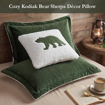 Woolrich Queen Comforter Set Plush Comforters for Queen Size Bed Reversible Sherpa Fuzzy, All Season Plaid Comforters Queen Size Bed Set, Décor Pillow, Alton, Full/Queen Green/Ivory 4 Piece