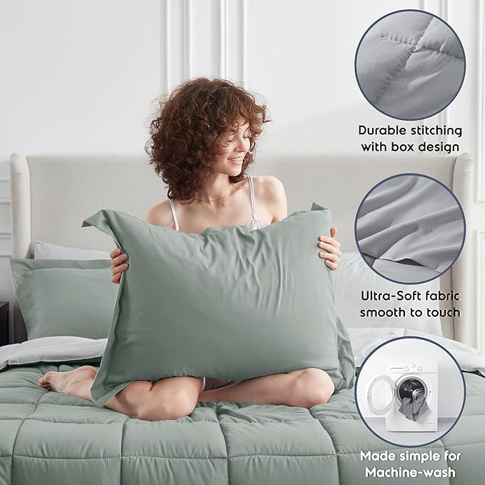 Nestl 7 Piece California King Comforter Set – Sage Green Reversible Bed in a Bag – Complete Cal King Size Bedding Set with Sheets, Pillowcases and Shams