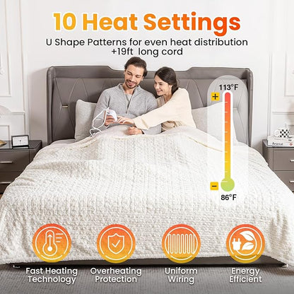 WOOMER Heated Blanket Full Size 77" x 84", Electric Blanket with a Control, 0.5-12 Hours Timer & 10 Heating Levels, ETL Certified, White Roses Patterns Faux Fur & Sherpa, Machine Washable