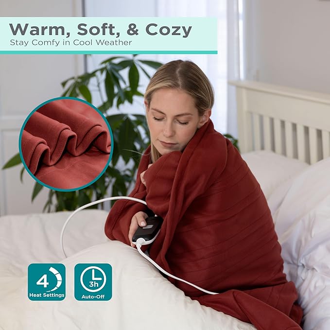 BLACK+DECKER Heated Blanket Electric Throw, Fleece Electric Blanket, Heating Blanket with 4 Heating Levels, 3H Timer, Auto Shutoff, Fast Heating (50x60 inches, Cream)