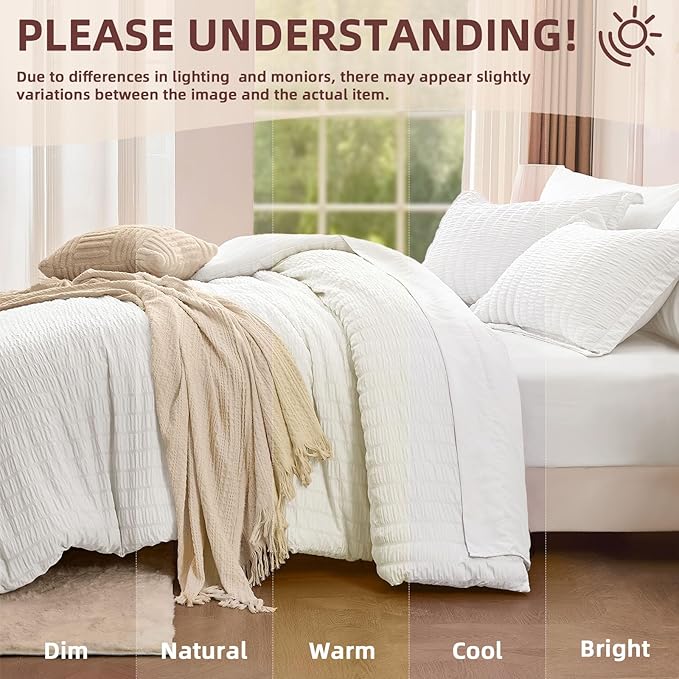 FUANNA White Queen Comforter Set 7 Pieces, Luxury Seersucker Bed in a Bag Queen Size for All Seasons, Soft Bedding Set with Comforter, Flat Sheet, Fitted Sheet, Pillowcases & Shams for Room Decor