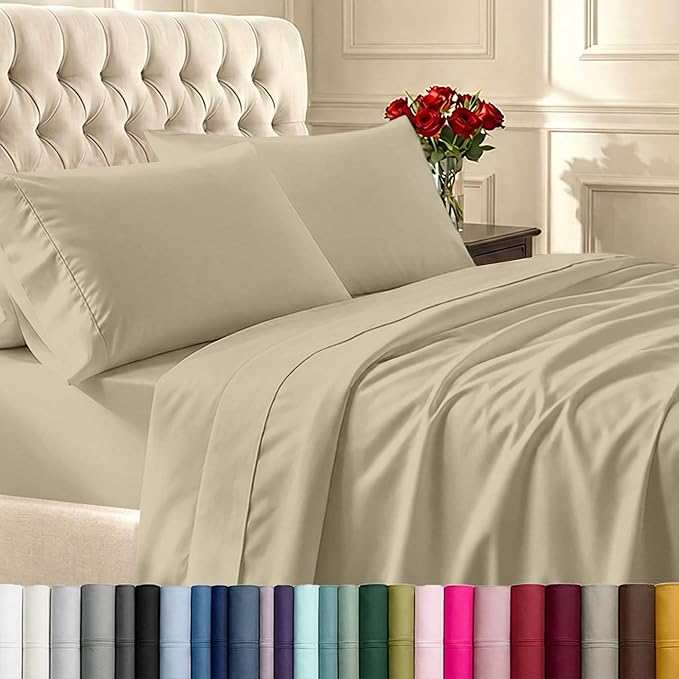 California Design Den 6 Piece King Size Sheets Set with 4 Pillowcases - Soft 400 Thread Count Sateen, 100% Cotton Sheets King Size with Deep Pockets, Durable Bedding Set - Beige (Golden Tone)