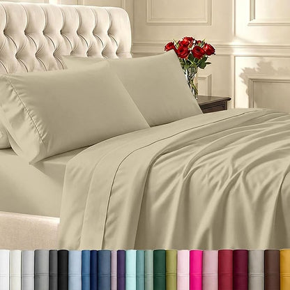 California Design Den 6 Piece King Size Sheets Set with 4 Pillowcases - Soft 400 Thread Count Sateen, 100% Cotton Sheets King Size with Deep Pockets, Durable Bedding Set - Beige (Golden Tone)