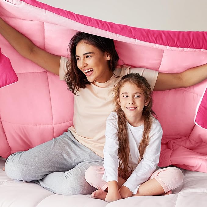Exclusivo Mezcla Lightweight Reversible Queen Size Comforter Set, Down Alternative Comforter with 2 Pillow Sham, Queen Size Bedding Set for All Seasons, Hot Pink/Bright Pink