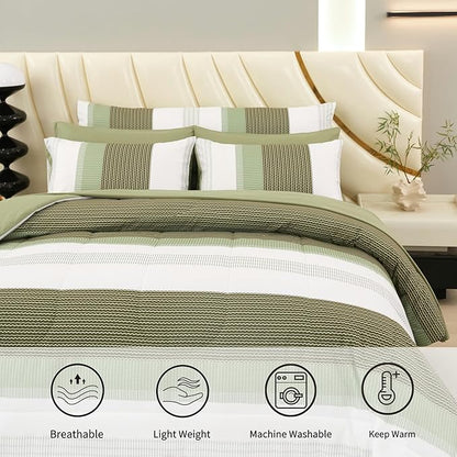 RYNGHIPY Olive Green Striped Bed Sets: 8 Pieces Soft Lightweight Bed in A Bag Queen Size Microfiber Down Alternative Comforter Sets with Corner Loops (Queen,Olive Green)