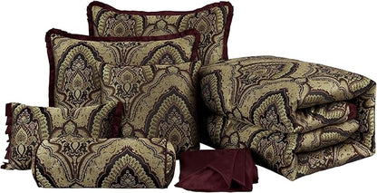Chezmoi Collection Pierre Comforter Set King Size, 7-Piece Burgundy Black Gold Medallion Paisley Jacquard Bedding Set