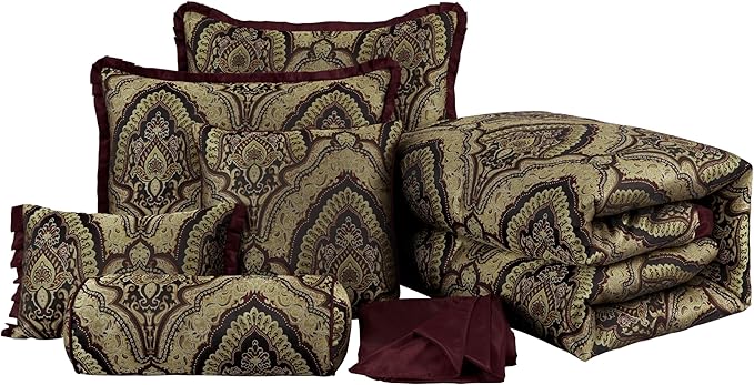 Chezmoi Collection Pierre Comforter Set Oversized King Size, 7-Piece Burgundy Black Gold Medallion Paisley Jacquard Bedding Set