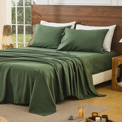 Bedlifes 100% French Pure Linen Sheets California King Size Breathable and Cooling Flax Sheet Set Soft Durable and Moisture Wicking 16 Inch Deep Pocket-4 Piece(Cal King,Forest Green)