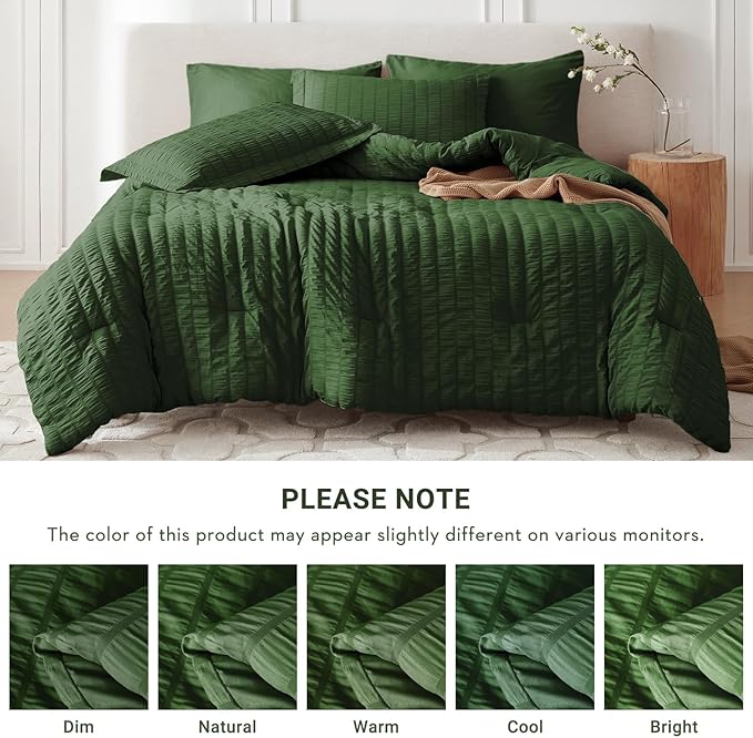 MUXHOMO 7 Pieces King Comforter Set, Seersucker Bed in a Bag King Size, All Season Luxury Bedding Set with Comforter, Flat Sheet, Fitted Sheet, Pillowcases & Shams, Dark Green