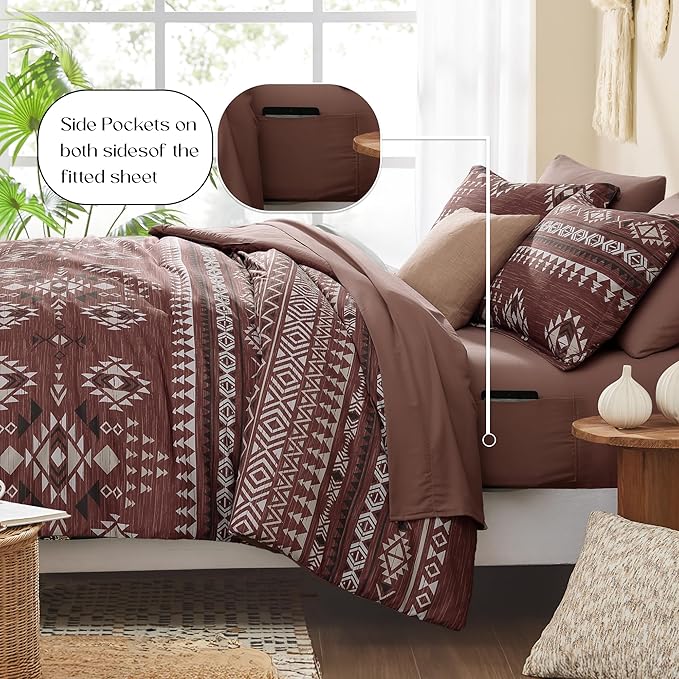 Geniospin Queen Comforter Set - 7 Pieces Bedding Set, Boho Bed in A Bag, Lightweight Soft Aztec Bedding, All Season Bed Comforter Set with Sheets, Pillowcases & Shams