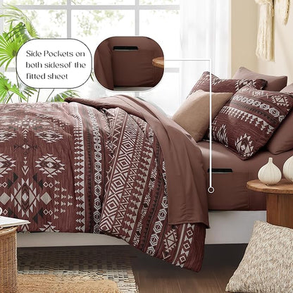 Geniospin Queen Comforter Set - 7 Pieces Bedding Set, Boho Bed in A Bag, Lightweight Soft Aztec Bedding, All Season Bed Comforter Set with Sheets, Pillowcases & Shams