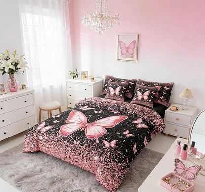 Feelyou Pink Butterfly 7 Piece Bedding Set Glitter Print Comforter Set with Sheets for Kids Boys Girls Pretty Animal Bed in a Bag Beautiful Butterfly Bed Set Soft Lightweight