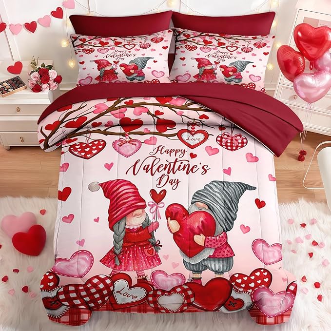 Nesker 7 Pcs Valentine's Day Comforter Set Queen Size, Gnomes Sweet Love Bedding Set for Kids and Adults, Pink Romantic Heart Sheets Bed Sheet Sets with Fitted Sheet 2 Pillowcases & 2 Shams