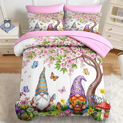 Nesker 5 Pcs Spring Comforter Set Twin Size, Gnome Flower Bedding Set for Kids and Adults, Pink Cherry Blossoms Tree Bed Sheet Sets with Fitted Sheet Pillowcase & Sham