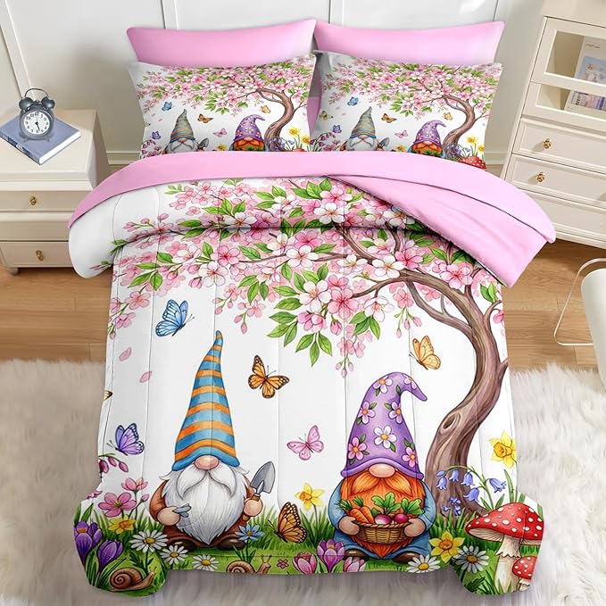 Nesker 7 Pcs Spring Comforter Set Full Size, Gnome Flower Bedding Set for Kids and Adults, Pink Cherry Blossoms Tree Bed Sheet Sets with Fitted Sheet 2 Pillowcases & 2 Shams