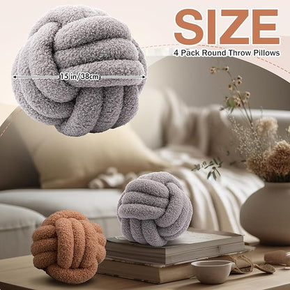 4 Pcs Knot Pillow Ball Soft Sherpa Throw Pillow 8.6'' Decorative Round Accent Pillows Aesthetic Decor Handmade Cushion for Home Couch Bed Sofa Chair(Soft)