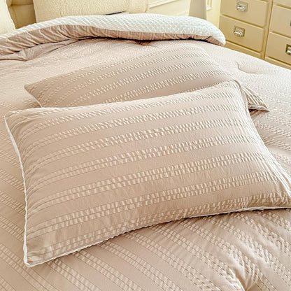 Boho Comforter Set Full Size Striped Pleats Bohemian Seersucker Bedding Set All Season Soft Cozy 3 Pieces Quilt with 2 Pillowcases(80"X90" Beige)