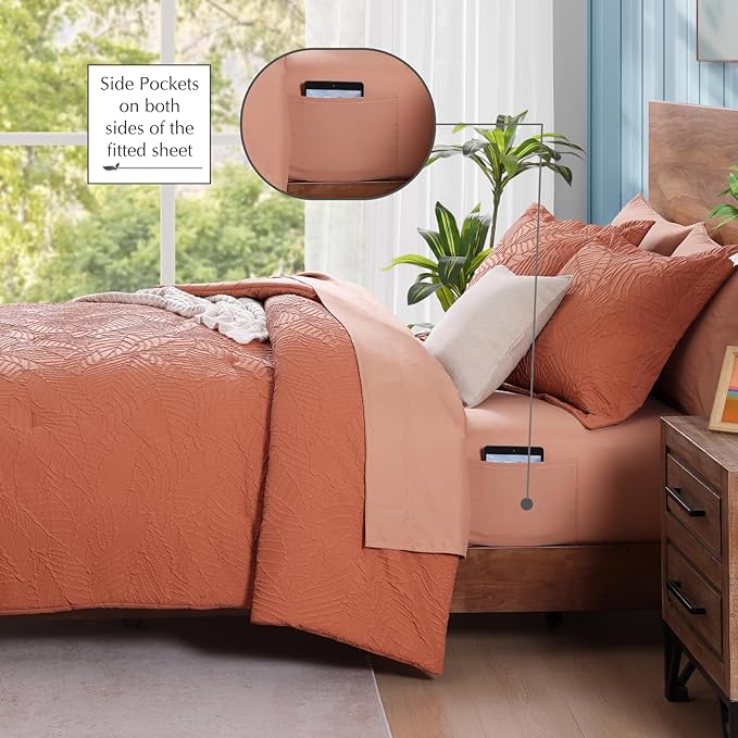 Geniospin Queen Size Comforter Set - 7 Pieces Burnt Orange Bedding Set, Botanical Textured Fall Comforter Set, All Season Lightweight Bed in a Bag with Comforter, Sheets, Pillowcases & Shams
