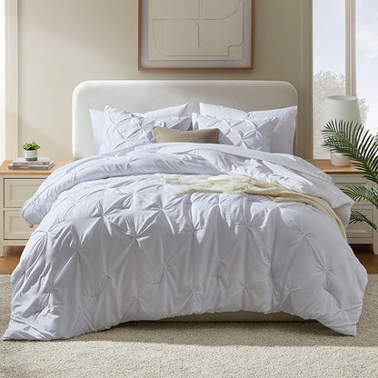 Nestl Comforter Set 7 Piece - Pinch Pleated Bedding Sets Full White, All Season Bed in a Bag Bed Set with Pillowcases and Shams