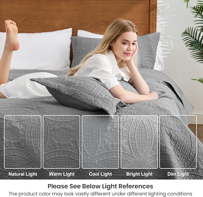 Love's cabin Oversized King Size Quilt Bedding Set Grey Bedspreads - Oversized King Lightweight Bedspread Comforter - Coin Pattern Coverlet for All Season - 3 Pieces (1 Quilt, 2 Pillow Shams)