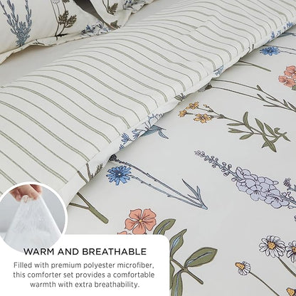Bedsure Comforter Set King Size - Cute Floral Bedding Comforter Set, 3 Pieces, 1 Soft Reversible Coconut White Botanical Flowers Comforter and Pillow Shams